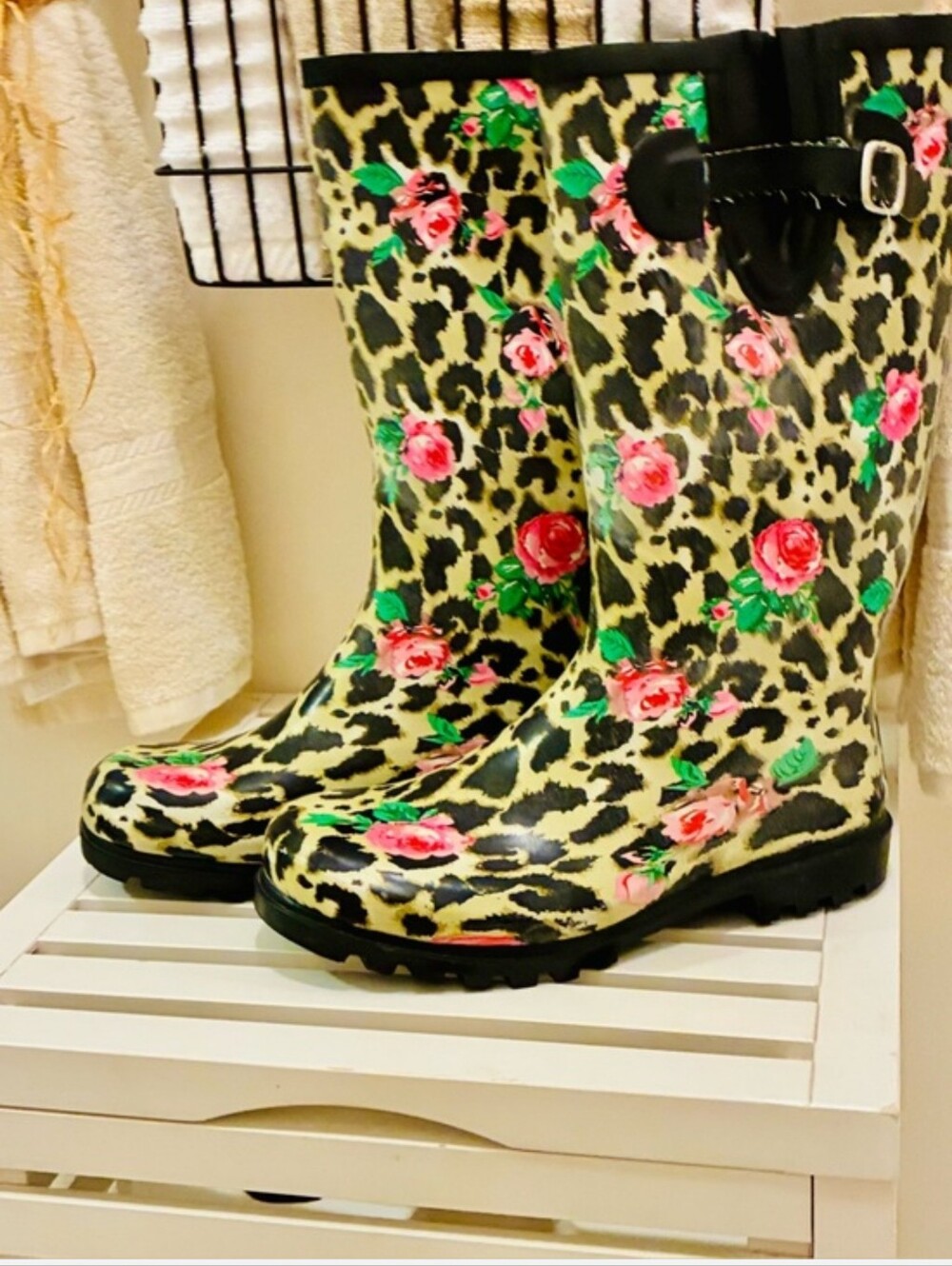Women’s Floral Leopard Waterproof Rain Boots — Yellow with Pink Roses